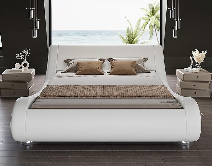 SHA CERLIN Queen Size Upholstered Bed Frame, Deluxe Low Profile Sleigh Bed - Image 3