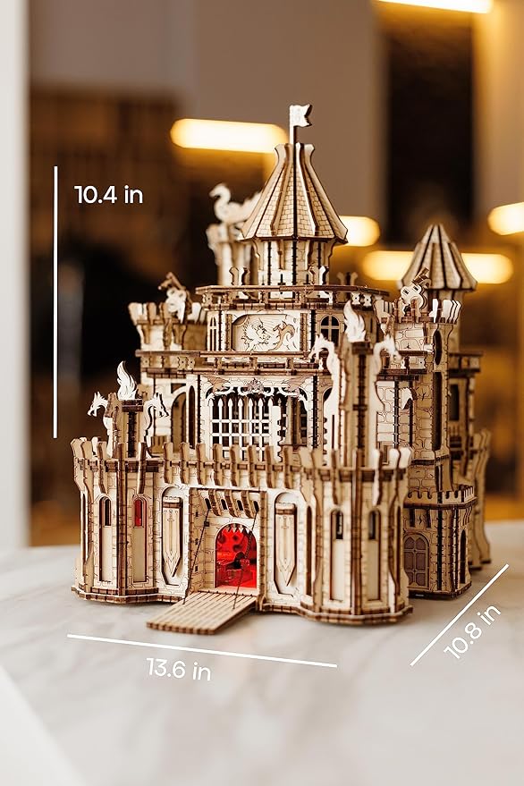 Wood Trick Dragon Castle Movable Wooden 3D Puzzles for Adults and Kids to Build - Red LED - Greensleeves Melody - Towers Rotating - Engineering DIY Project Mechanical Model Kits for Adults
