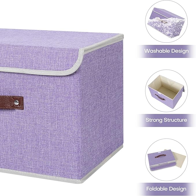 ANMINY 2PCS Storage Bins with Lid PU Leather Handles Storage Boxes PP Plastic Board Decorative Foldable Lidded Cotton Linen Fabric Home Cubes Baskets Closet Organizer Containers - Purple, Large Size