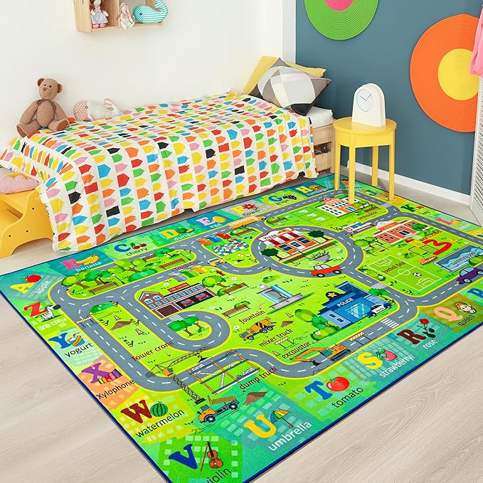 Chicrug 6x9 Car Road Area Rug for Kids Playroom Bedroom, Non Slip Low Pile Washable ABC Alphabet Carpet for Classroom, City Track Play Mat for Toddler Children Nursery Baby Room Decor, Green