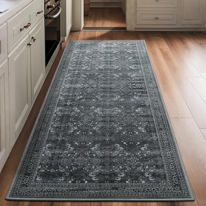2x6 Washable Kitchen Runner Rug for Hallways, Non Slip Laundry Runners for Bathroom, Low Pile Rubber Backed Rugs for Entryway, Vintage Floral Carpet for Living Room Bedroom Black/Gray