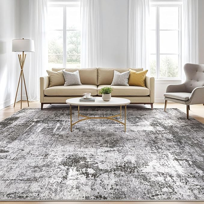 5x7 Area Rugs Living Room: Machine Washable Large Abstract Modern Soft Rug Stain Resistant Indoor Floor Non Slip Accent Carpet for Bedroom Nursery Playroom Dining Room Office Dorm Home- Black Grey
