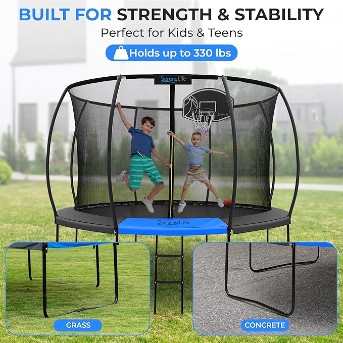SereneLife 8FT 10FT 12FT 14FT Outdoor Trampoline for Kids - Recreational Backyard Trampoline with Curved Safety Poles and Net Enclosure- ASTM Approval for Kids Adults