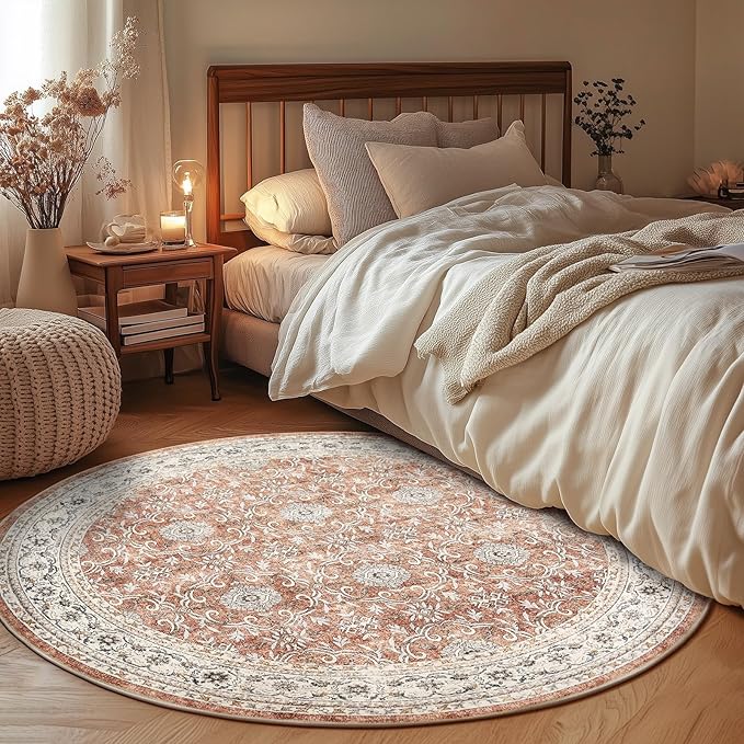 jinchan Round Rug 6ft Washable Circle Soft Rug - Low Pile Vintage 6'Round Indoor Orange Floral Print Stain Resistant Boho Carpet Ultra-Thin Non-Slip for Living Room Nursery Bedroom Dining Room Kitchen