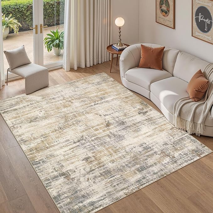 Area Rug for Living Room: 5x7 Washable Neutral Abstract Modern Soft Rugs Non Slip Indoor Floor Stain Resistant Carpet for Bedroom Dining Room Office Nursery - Golden Brown