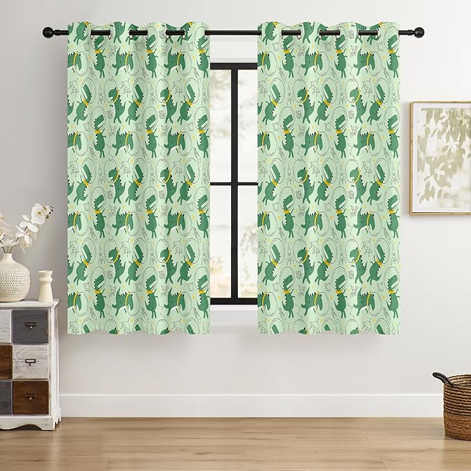 Kids Space Dino Blackout Curtains - 100% Blackout, Thermal Insulated, Noise Reducing, Perfect for Kids Room and Nursery, 2 Panels (Cosmo Dino Green, W52×L63)