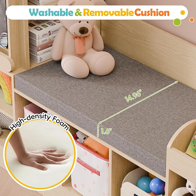 MU Kids Bookshelf with Reading Nook, Wooden Toy Storage Organizer with Chalkboard and Bench, Kids Reading Nook for Boys & Girls, Toddler Toy Shelf for Bedroom, Nursery, Playroom, Natural Oak