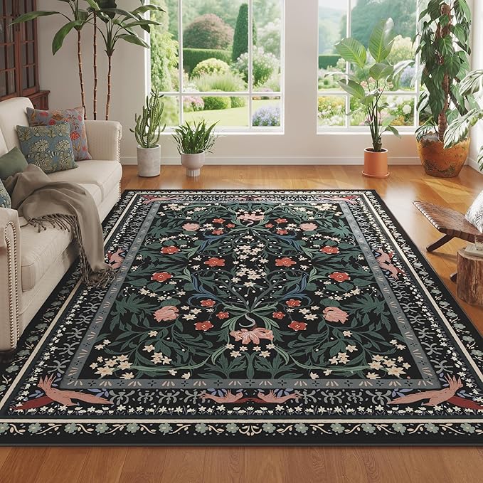 5x7 Washable Rug Vintage Floral Botanical Area Rug Non Slip Low Pile Large Rugs for Living Room, Bedroom, Farmhouse, Dining Room, Kids Playroom, Black