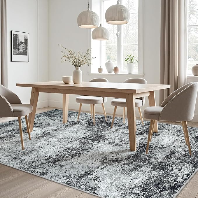 Area Rug 9x12 Washable Rugs: Abstract Large Living Room Rugs with Non-Slip Backing, Stain Resistant Indoor Floor Carpet for Bedroom Dining Room Table Nursery Hallway Home Office Dark Black/Gray