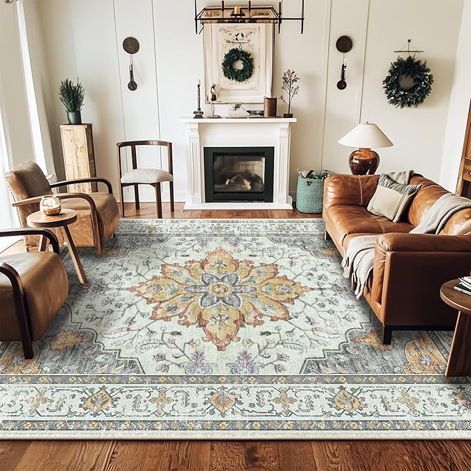 RELEANY Area Rugs 8'x10' Washable Non-Slip, Floral Vintage Distress Print - Image 2