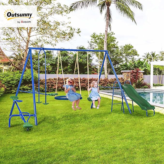 Outsunny Swing Set for Backyard, 5 in 1 Heavy-Duty A-Frame Stand Outdoor Playset for Kids with 29.5" Saucer Swing, Slide, Seesaw, Glider, Swing Seat, Blue