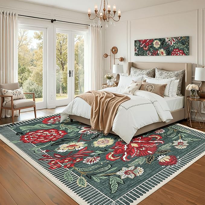 GarveeHome Floral Botanical Washable 8x10 Area Rug for Living Room Soft Grey Green Vintage Boho Cottage Large Rugs Low Pile Carpet for Bedroom Dining Nursery Rug