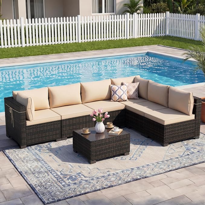 LEVELEVE 7 Pieces Outdoor Patio Furniture Sets, Rattan Conversation Sectional - Image 7