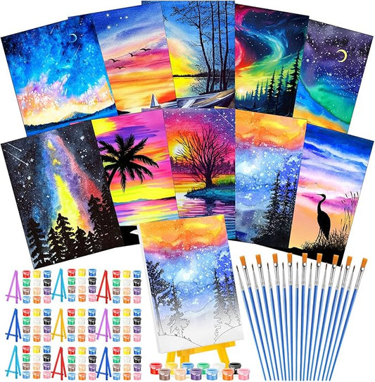 Blosssound 10 Set Pre Printed Canvas Pre Drawn Canvas Painting with Easel Kits 5" x 7" Outline Painting Panels for Beginners, DIY Craft Project, Party Favor, Home Decors(Dream Sky)
