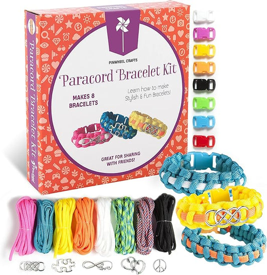 Pinwheel Crafts Paracord Bracelet Kit - DIY Kids Crafts, Paracord Bracelet w/Sturdy Buckle & Paracord 550 Cord - 8 Colorful Friendship Bracelets Gifts - Jewelry Making Kit for Girls 8-12 Years Old