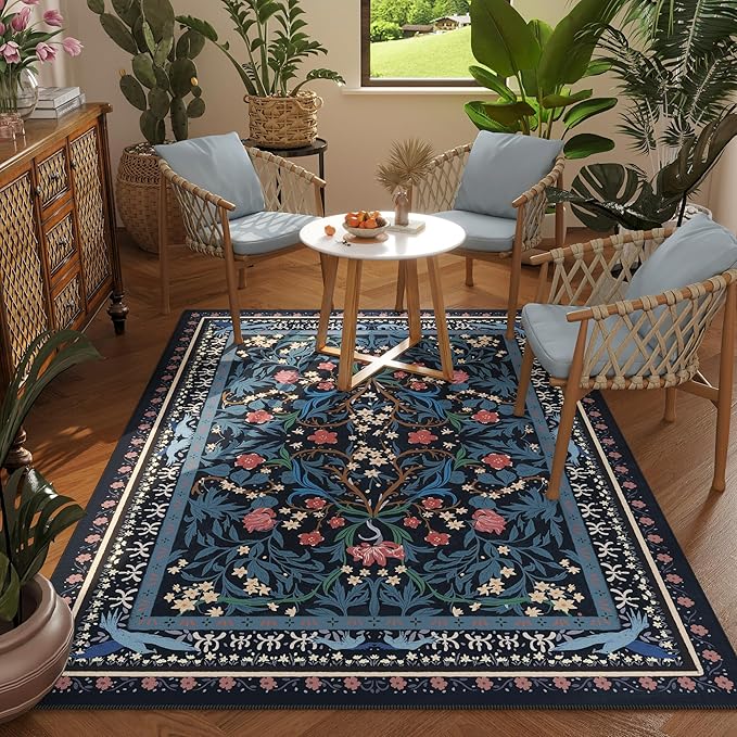 Bedroom Rug 3x5 Rug Washable Area Rug Non Slip Low Pile Vintage Floral Botanical Small Carpet for Bedroom, Bedside, Kitchen, Entryway, Kids Room, Office, Blue