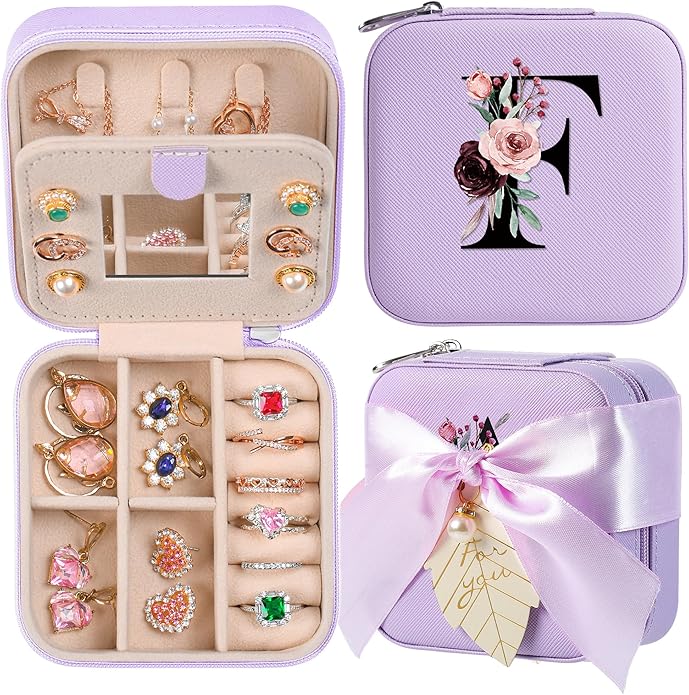 AYGXU Travel Jewelry Box for Women and Girls - Small Case With Initial A-Z - Teacher Gifts