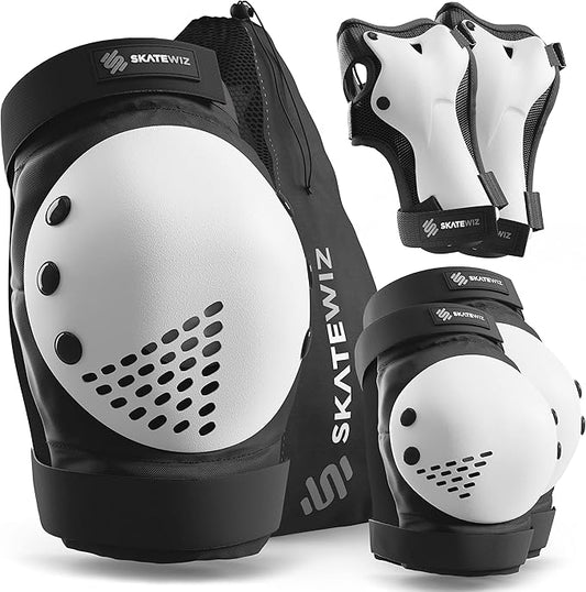 SKATEWIZ Skateboard Pads Protective Gear Set for Kids - Smash - Roller Skate Pads [6pc] - Elbow Pads Roller Derby and Knee Pads Kids Skating with Wrist Guards for Kids and Adults