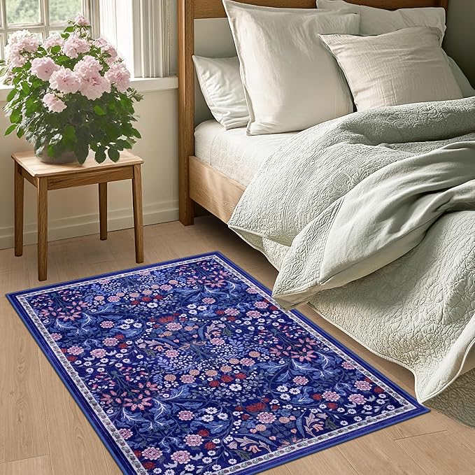Entryway Rug 2X3 Small Rugs: Floral Washable Door Mat Vintage Soft Low Pile Non-Slip Kitchen Rugs Stain Resistant Indoor Throw Rug for Entrance, Bedroom, Kitchen, Laundry, Bathroom Blue