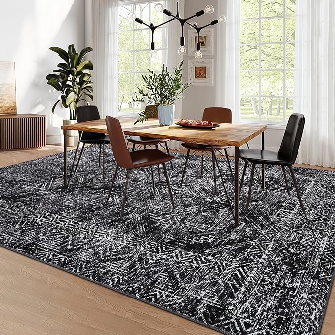 COZYLOOM Black Rug for Living Room 9x12 Machine Washable Area Rugs Modern Abstract Door Mats Non Slip Stain Resistant Geometric Accent Carpet for Bedroom, Dining Room, Nursery