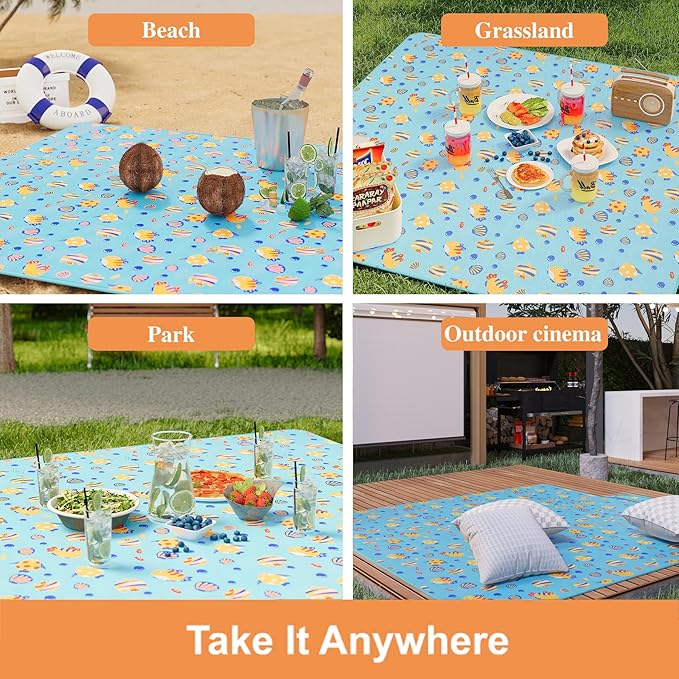 UDEAR Foldable Picnic Blanket,80"x60" Waterproof, Sandproof, Portable with Tote Bag for Beach, Park, Camping, and Travel,Blue