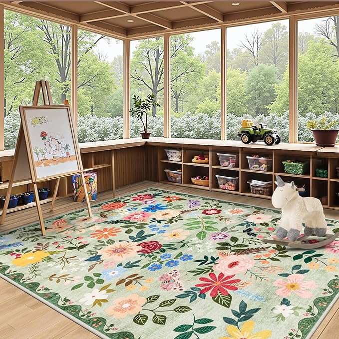 Area Rug Living Room Rugs: Floral 4x6 Washable Rug Vintage Soft Boho Non-Slip Carpet Indoor Floor Stain Resistant Large Carpets for Bedroom Dining Room Farmhouse Nursery Hallway Home Office Green