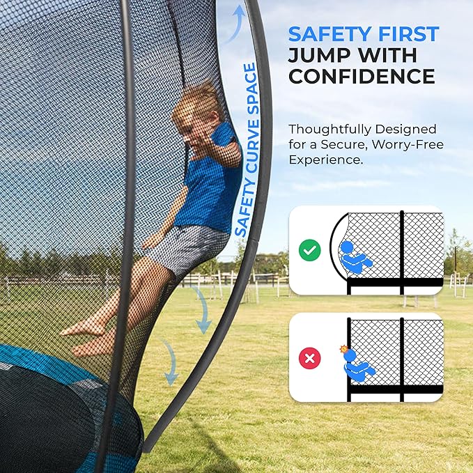 SereneLife 8FT 10FT 12FT 14FT Outdoor Trampoline for Kids - Recreational Backyard Trampoline with Curved Safety Poles and Net Enclosure- ASTM Approval for Kids Adults