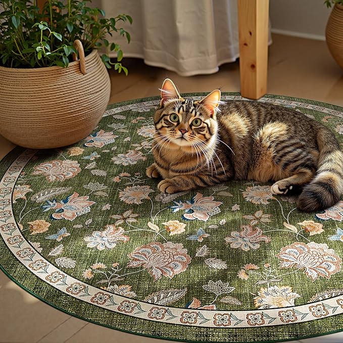 jinchan 4ft Floral Round Rug for Entryway Washable Kitchen Rug Vintage Romance Design Non Slip Indoor Doormat Lightweight Low-Profile Throw Carpet for Living Room Dining Room Bedroom, Green