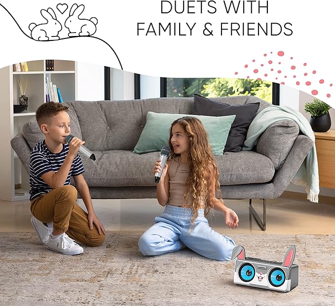 Rabbit Karaoke Machine for Kids, Children and Toddlers with 2 Wireless Bluetooth Microphones, Portable PA Speaker System Includes Lyrics Display Phone Holder, TV Cable and Singer Vocal Removal Mode