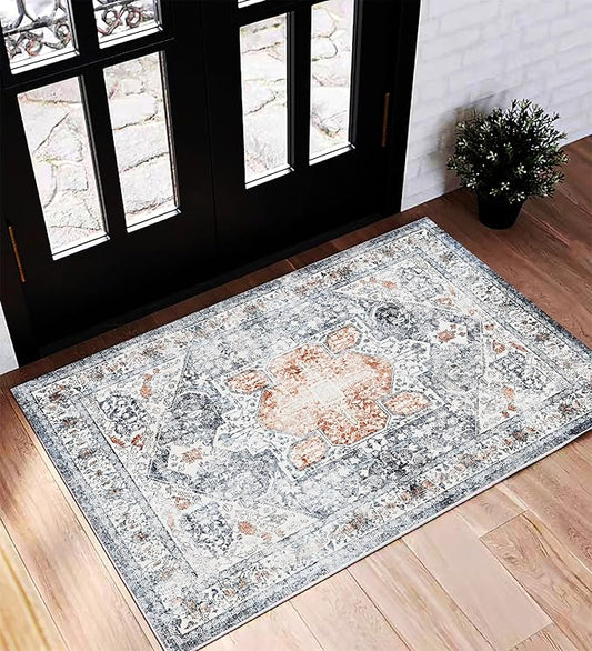 Area Rug 2x3 Washable Rug Door Mat Vintage Distressed Doormat Indoor Entrance Traditional Thin Floral Print Non Slip Carpet for Kitchen Bathroom Bedroom Living Room