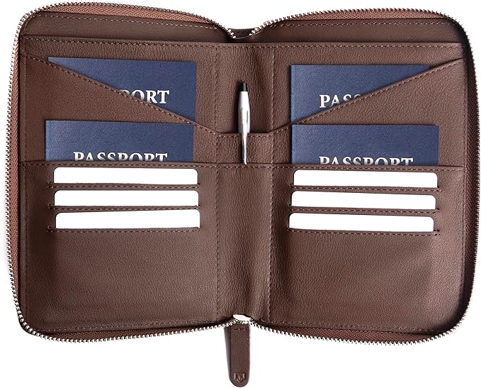 Full Grain Leather Family Passport Holder for 2-4 Passports - RFID Passport Holder and Travel Document Organizer - Large Leather Travel Wallet for Couples and Families - Brown