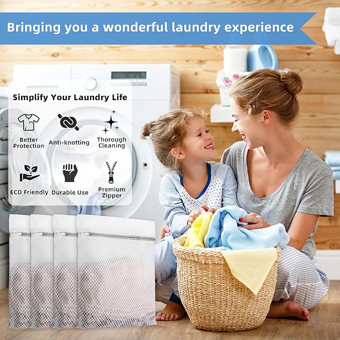 Laundry Bags 4 Pcs Mesh - 12 x 16 Inches, Durable Zipper Mesh Wash Bags for Delicates & Traveling