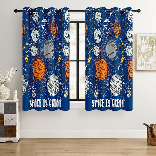Kids Space Planet Blackout Curtains - 100% Blackout, Thermal Insulated, Noise Reducing, Perfect for Kids Room and Nursery, 2 Panels (Space-is-Great, W52×L63)