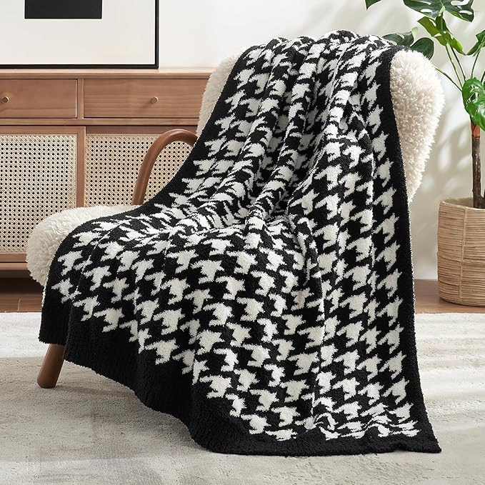 Snuggle Sac Houndstooth Throw Blanket for Couch, Reversible Super Soft Warm Blankets Cozy Knit Fuzzy Plush Lightweight Throws for Sofa, Bed, Camping, Black,50x60 inches
