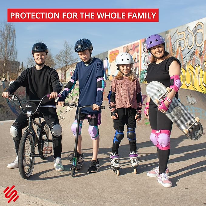 SKATEWIZ Skateboard Pads Protective Gear Set for Kids - Smash - Roller Skate Pads [6pc] - Elbow Pads Roller Derby and Knee Pads Kids Skating with Wrist Guards for Kids and Adults