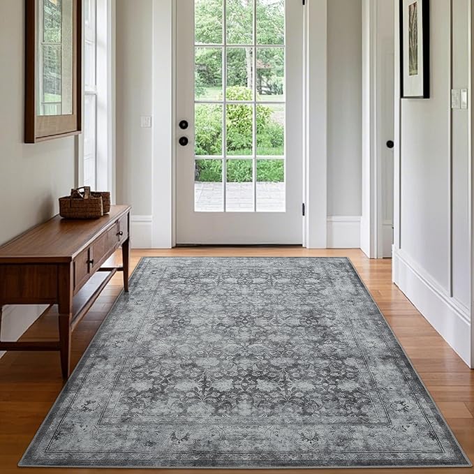 Large 8x10 Washable Area Rug for Living Room, Non Slip Vintage Traditional Rugs for Bedroom, Indoor Thin Accent Floral Nursery Carpet for Dining Room, Farmhouse (Distressed Grey)