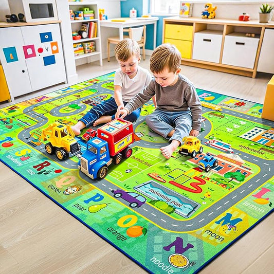 Chicrug 4x6 Car Road Area Rug for Kids Playroom Bedroom, Non Slip Low Pile Washable ABC Alphabet Carpet for Classroom, City Track Play Mat for Toddler Children Nursery Baby Room Decor, Green