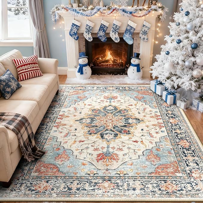 RELEANY Area Rugs 7'x9' Washable Non-Slip, Floral Vintage Distress Print - Image 2