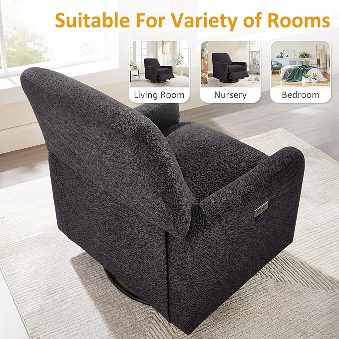 Power Swivel Glider Recliner Chair, Electric Nursery Rocker Recliner Chair, USB & Type-C Charger, Charcoal Gray Boucle