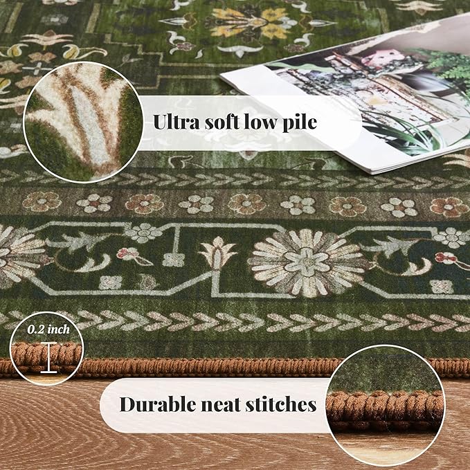 8x10 Washable Area Rug for Living Room, Non Slip Vintage Floral Print Rugs No Shedding, Distressed Thin Retro Accent Carpet for Bedroom Nursery Farmhouse Dining Room Dark Green