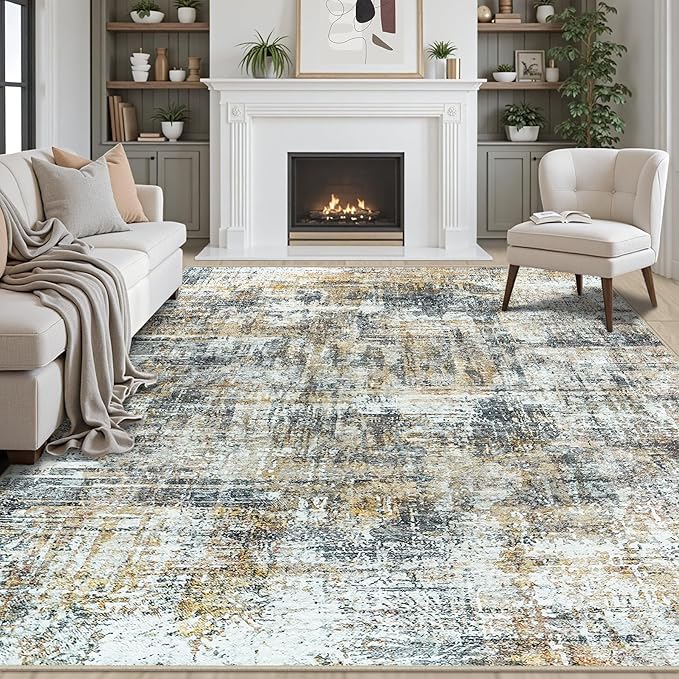 Area Rugs 8x10 Living Room Rugs: Modern Abstract Washable Rug with Non-Slip Backing, Stain Resistant Indoor Floor Large Carpet for Bedroom Dining Room Table Nursery Hallway Home Office Brown/Gray