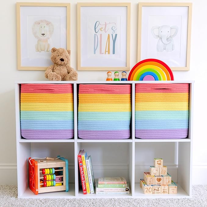 NaturalCozy Storage Cubes 11 Inch Cotton Rope Woven Baskets for Organizing, 3-Pack | Cube Storage Bin | Square Storage Baskets for Shelves Organizer, Classroom, Kids Toy Bins, Closet, Baby Nursery