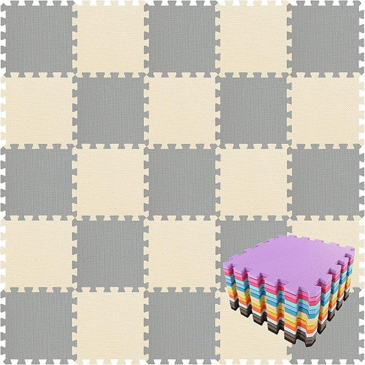 qqpp EVA Rubber 18 Tiles Interlocking Puzzle Foam Floor Mats - Baby Play Mat for Playing | Exercise Mat for Home Workout. Beige, Gray. QC-JLb18N