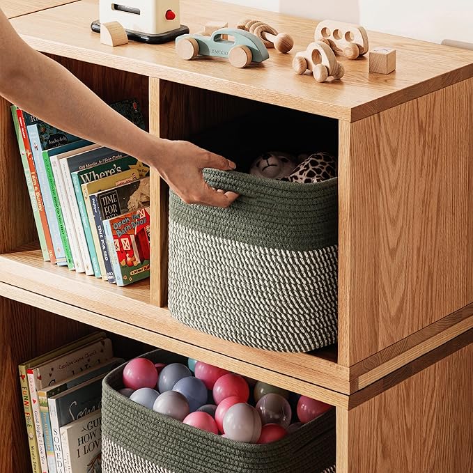 UBBCARE 4 Pack Baskets for Organizing, Woven Storage Baskets for Toys and Towel, Rectangle Cotton Rope Basket with Handles, 15''L x10''W x9''H, Mixed Green