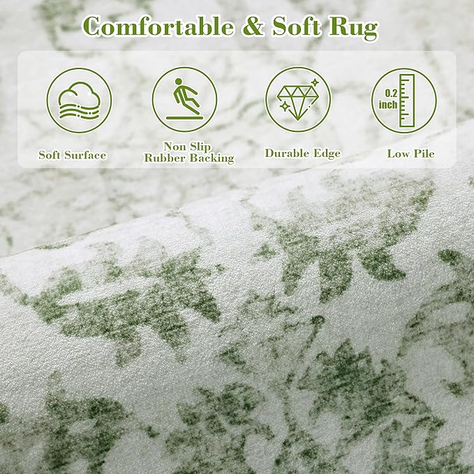 Sage 3x7 Runner Rug for Hallways Bed Side Kitchen, Boho Washable Distressed Low-Pile Floor Entryway Long Bathroom Mat, Non-Slip Laundry Room Washstand Front Carpet Green 36x84 Inch