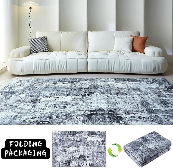 3x5 Rug Washable Boho Rug Soft Area Rug Abstract Pattern Non-Slip Non-Shedding Faux Wool Vintage Rug for Bedside, Bedroom Rug, Kitchen, Floor, Indoor, Laundry, Grey and Black