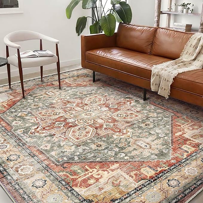 Area Rug 6'x9' Red Khaki Washable Vintage Traditional Floor Cover Thin Retro Kitchen Indoor Distressed Non Slip Carpet Floral Area for Living Room Bedroom Dining Room