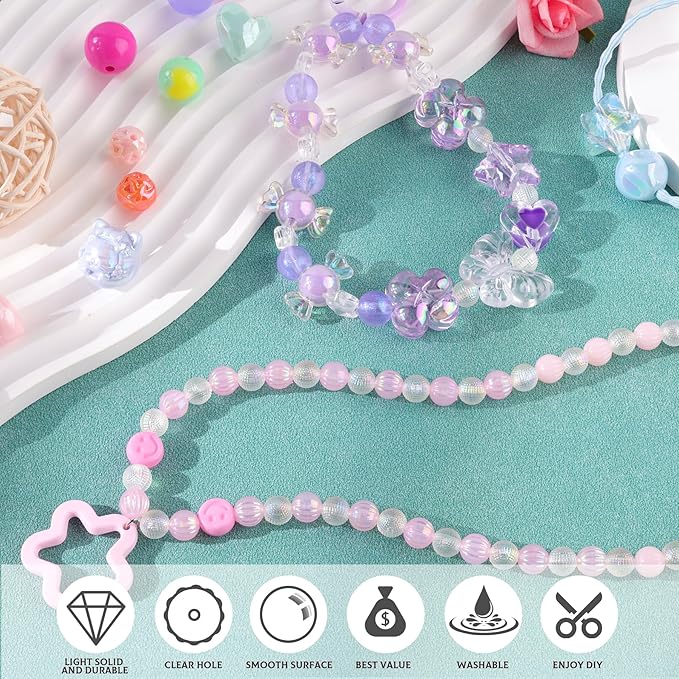 Assorted 180-240PCS Acrylic Beads for Bracelet Making, Bow Butterfly Candy Heart Gummy Bear Kawaii Aesthetic Bracelet Charms,Cute Beads for Jewelry Making DIY Necklace Keychain Phone Charm