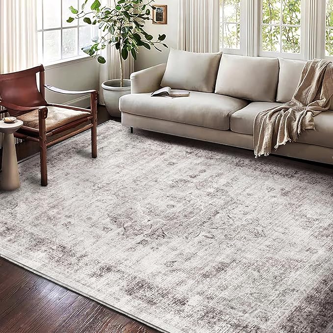 Washable Area Rug 8'x10' Floral red Boho Design Non-Shedding Non-Slip Easy Care Ideal for High Traffic Areas in Living Room Bedroom Office Coffee Table Kitchen Large Carpet