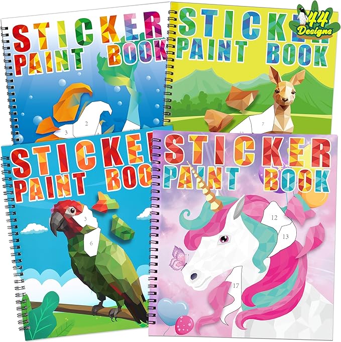 90shine 4PCS Sticker Books for Kids Ages 4-8 Sea-Maid Horned Horse Zoo Pet Themed Designs Party Gift Create 44 Pictures